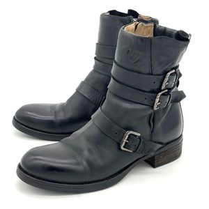 Alberto Fermani Black Leather Moto Buckle Ankle Boots